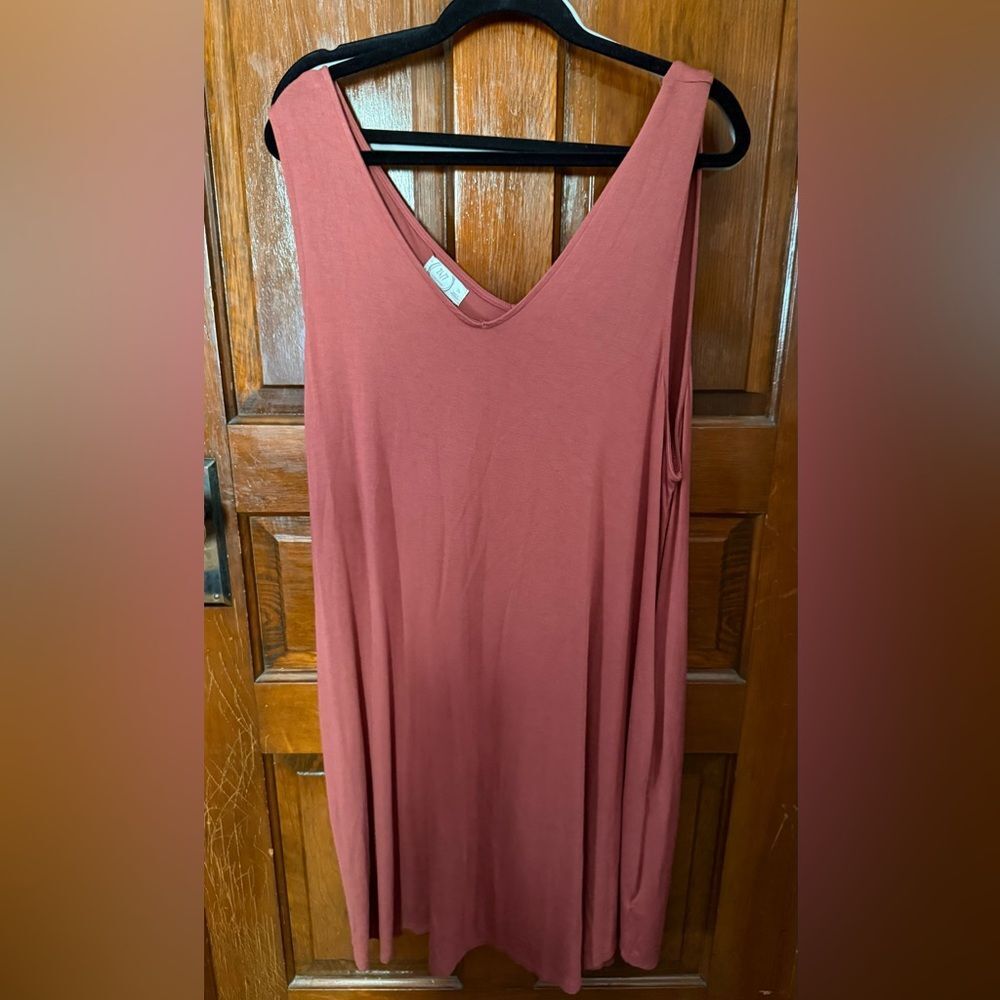 24/7 Tank Dress 2X Plus Size Brown Rust Jersey Sleeveless Midi Dress Pockets EUC